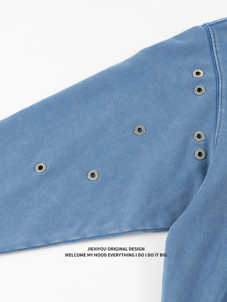 Unisex Distressed Hoodie - Oversized Blue Pullover, Streetwear Style