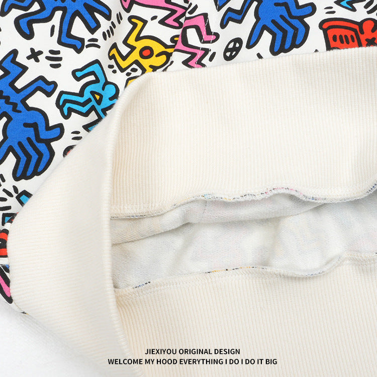 Unisex Graffiti Print Hoodie - Oversized White Pullover, Urban Streetwear