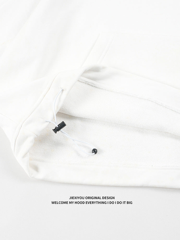 Unisex Cargo Drawstring Hoodie - Embroidered White Pullover, Streetwear Style