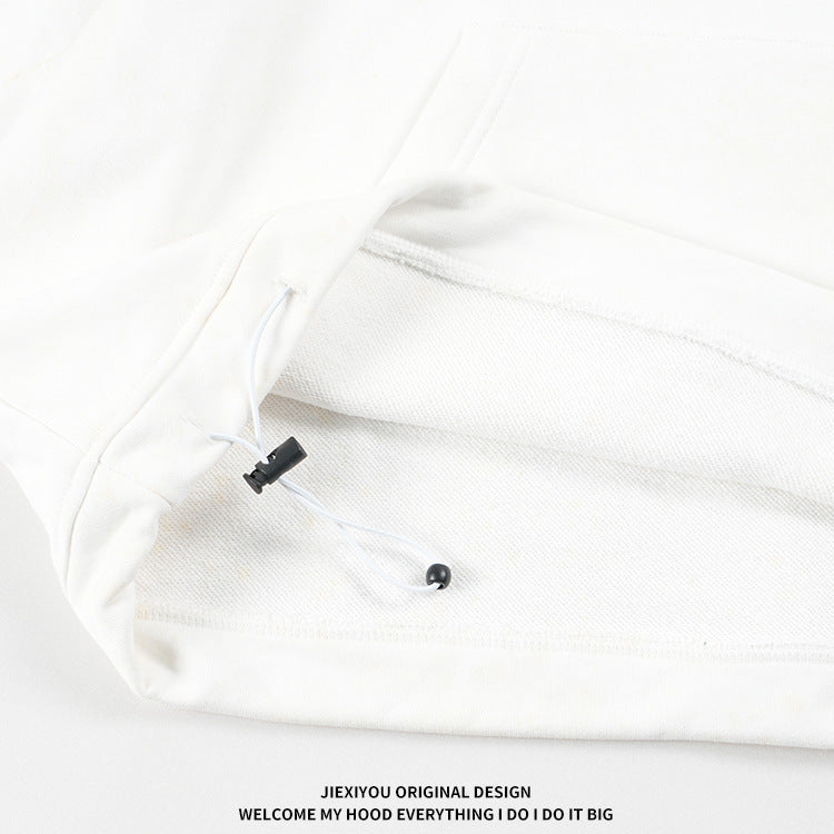 Unisex Cargo Drawstring Hoodie - Embroidered White Pullover, Streetwear Style