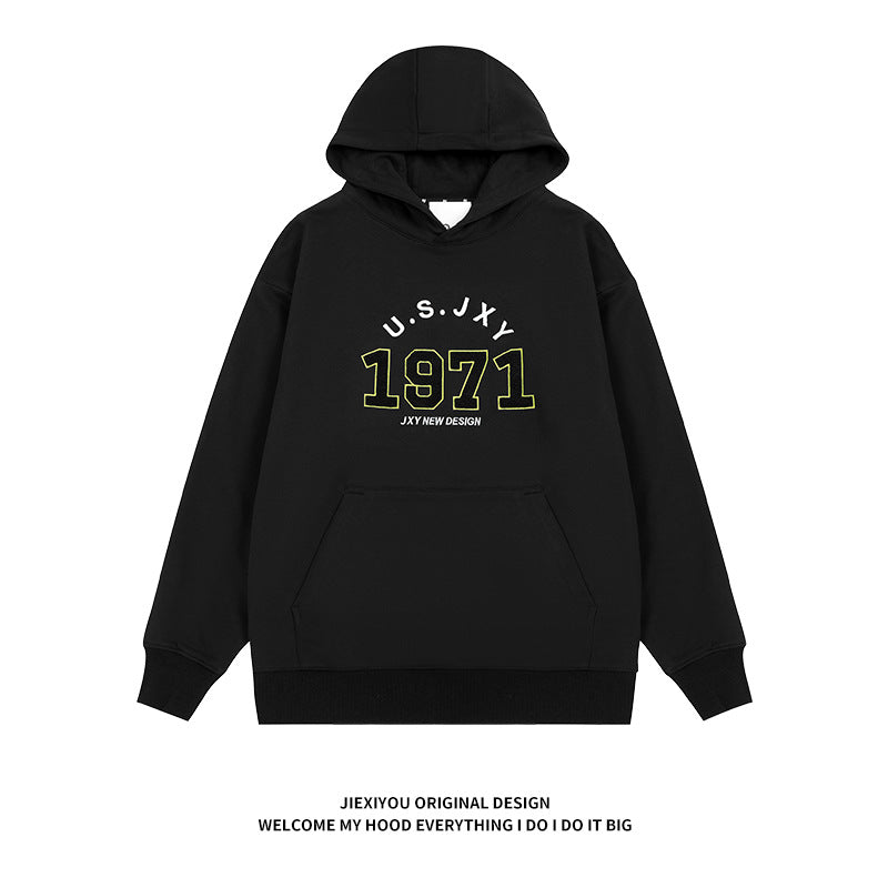 Unisex Embroidered Letter Hoodie - Vintage College Style, Oversized Pullover