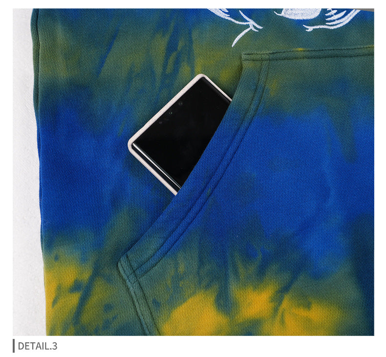 Unisex Vintage Tie Dye Hoodie - Embroidered Blue Pullover, Retro Streetwear