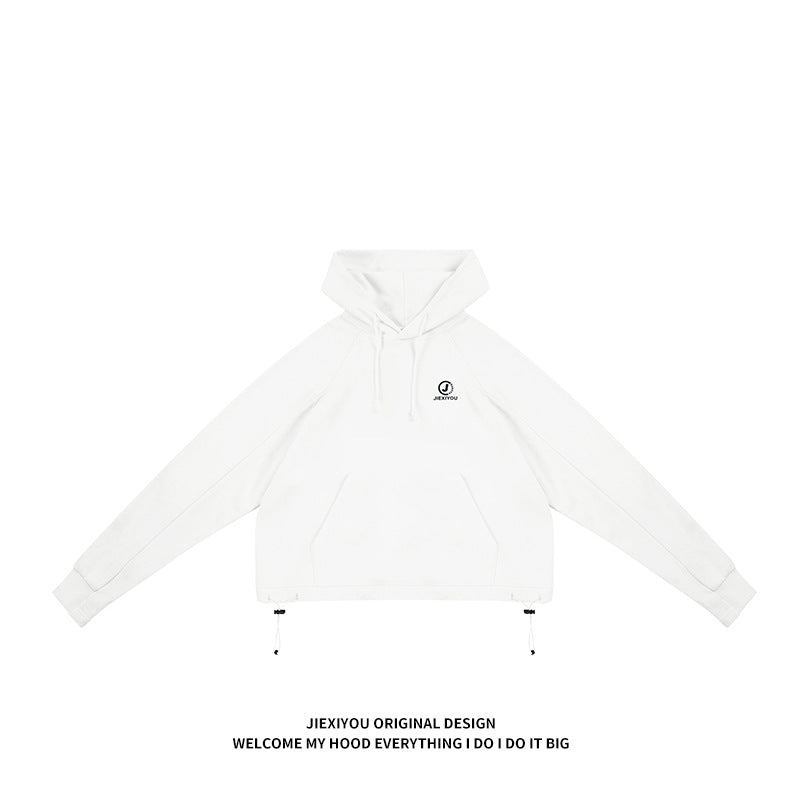 Unisex Cargo Hoodie - White Pullover with Drawstrings, Casual Streetwear