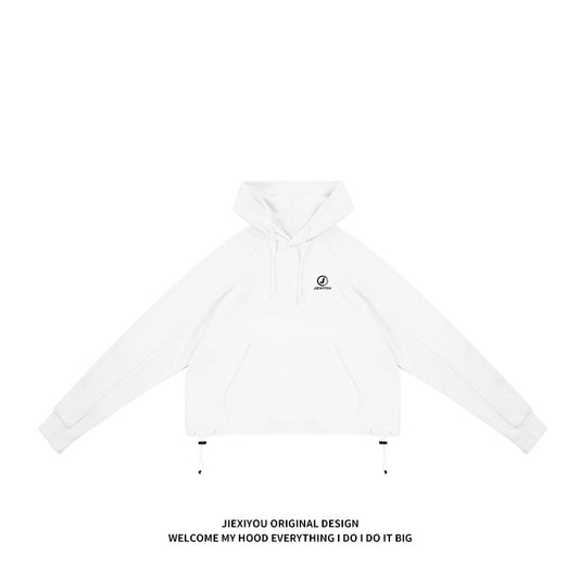 Unisex Cargo Hoodie - White Pullover with Drawstrings, Casual Streetwear