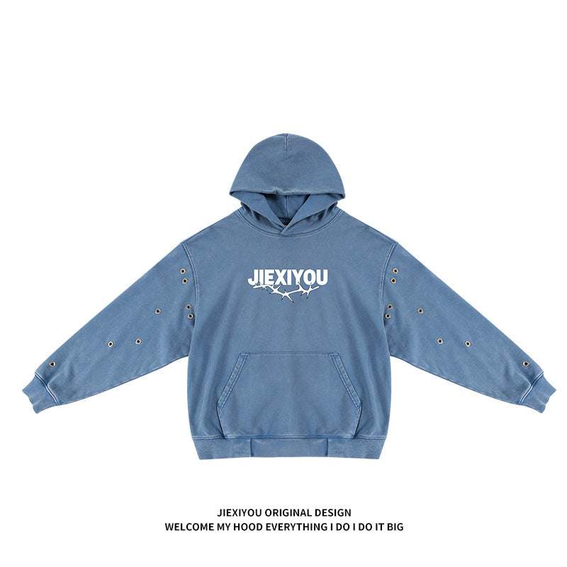 Unisex Distressed Hoodie - Oversized Blue Pullover, Streetwear Style