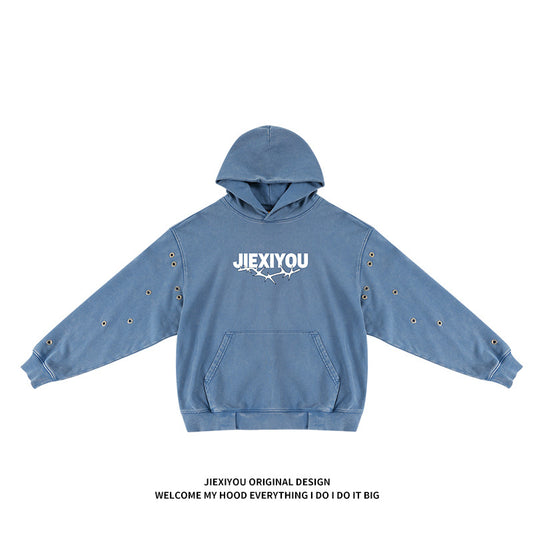 Unisex Distressed Hoodie - Oversized Blue Pullover, Streetwear Style