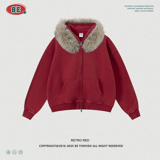 Men's Faux Fur Hoodie - Vintage Washed Zip-Up, Box Fit Jacket
