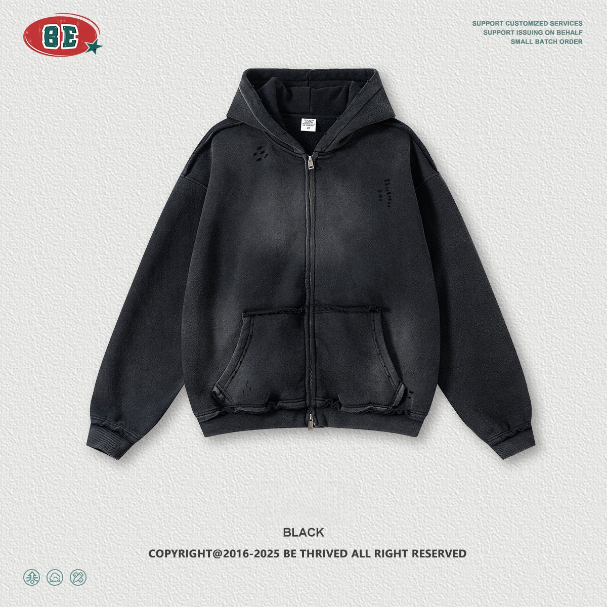 Men's Oversized Hoodie - High Street Zip-Up, Distressed Hem Detail