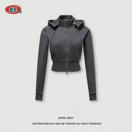 Women's Cropped Fleece Hoodie - Removable Hood, Fitted Zip-Up Jacket