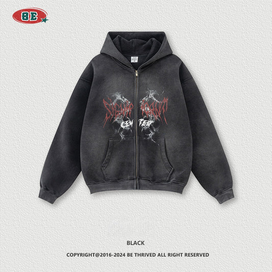 Men's Gothic Hoodie - Vintage Washed Zip-Up, Oversized Jacket