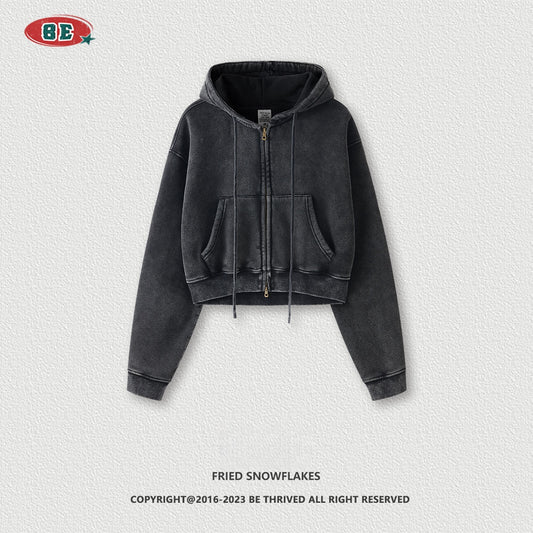 Women's Cropped Fleece Hoodie - Vintage Washed, Zip-Up Jacket