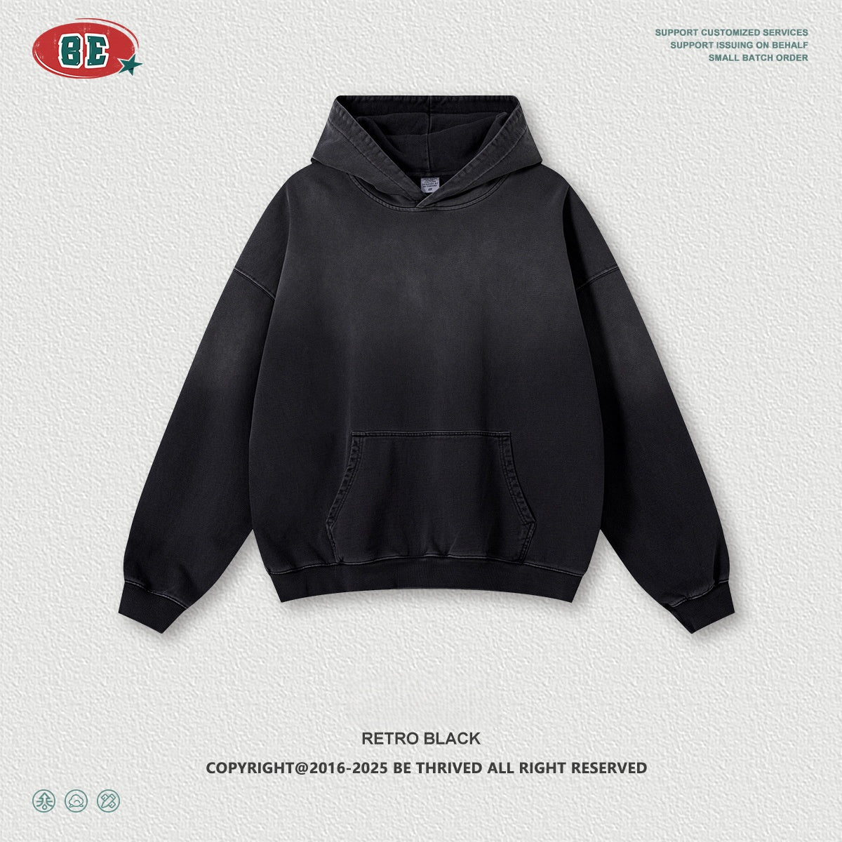 Men's 480gsm Hoodie - Vintage Washed Pullover, Distressed Hem Detail