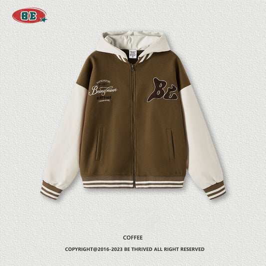 Men's Embroidered Baseball Jacket - Heavyweight Quilted Bomber, Hooded Jacket