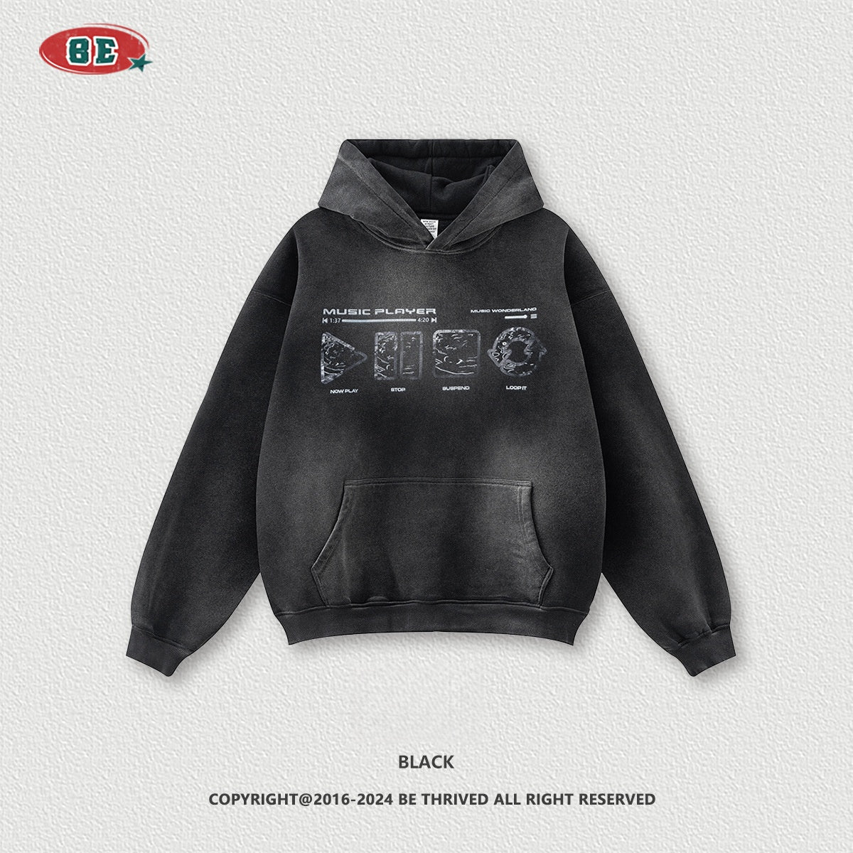 Men's Washed Print Hoodie - Distressed Graphic Pullover, Heavyweight Streetwear