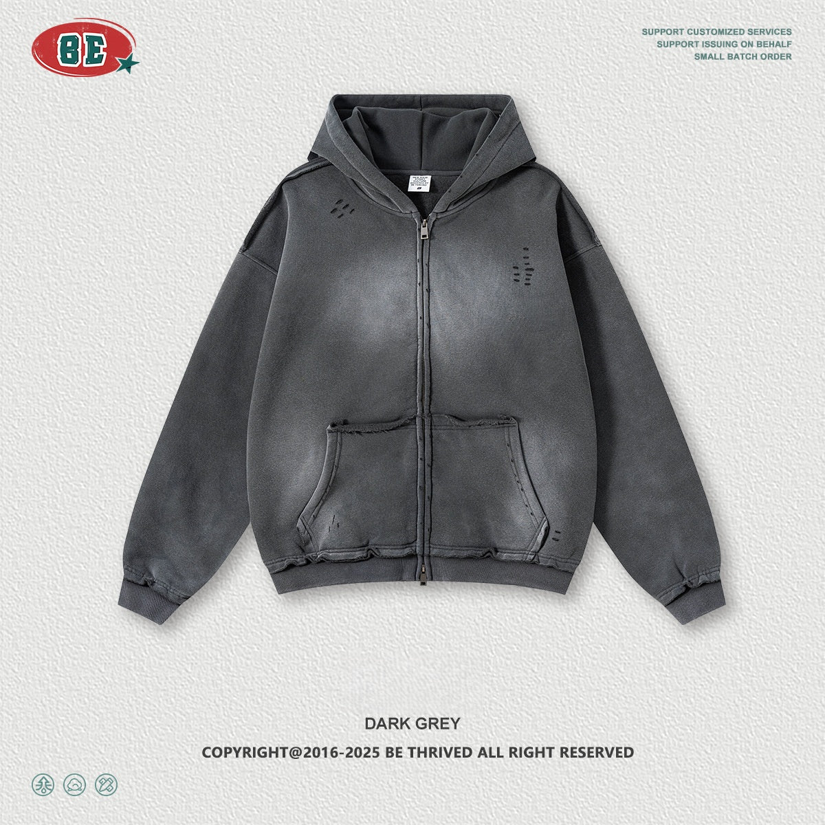 Men's Oversized Hoodie - High Street Zip-Up, Distressed Hem Detail