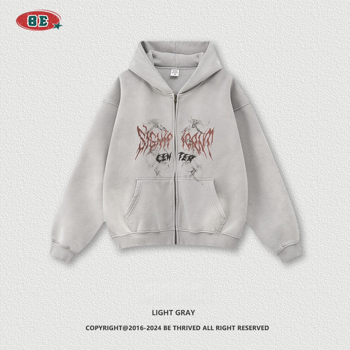 Men's Gothic Hoodie - Vintage Washed Zip-Up, Oversized Jacket