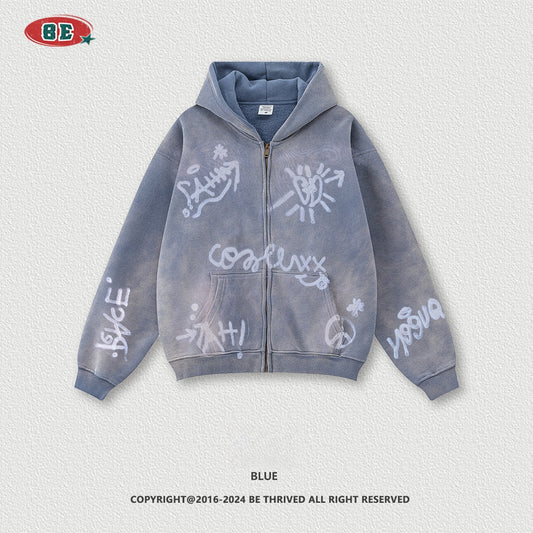 Men's Graphic Print Hoodie - Graffiti Zip-Up, Fleece Lined Jacket