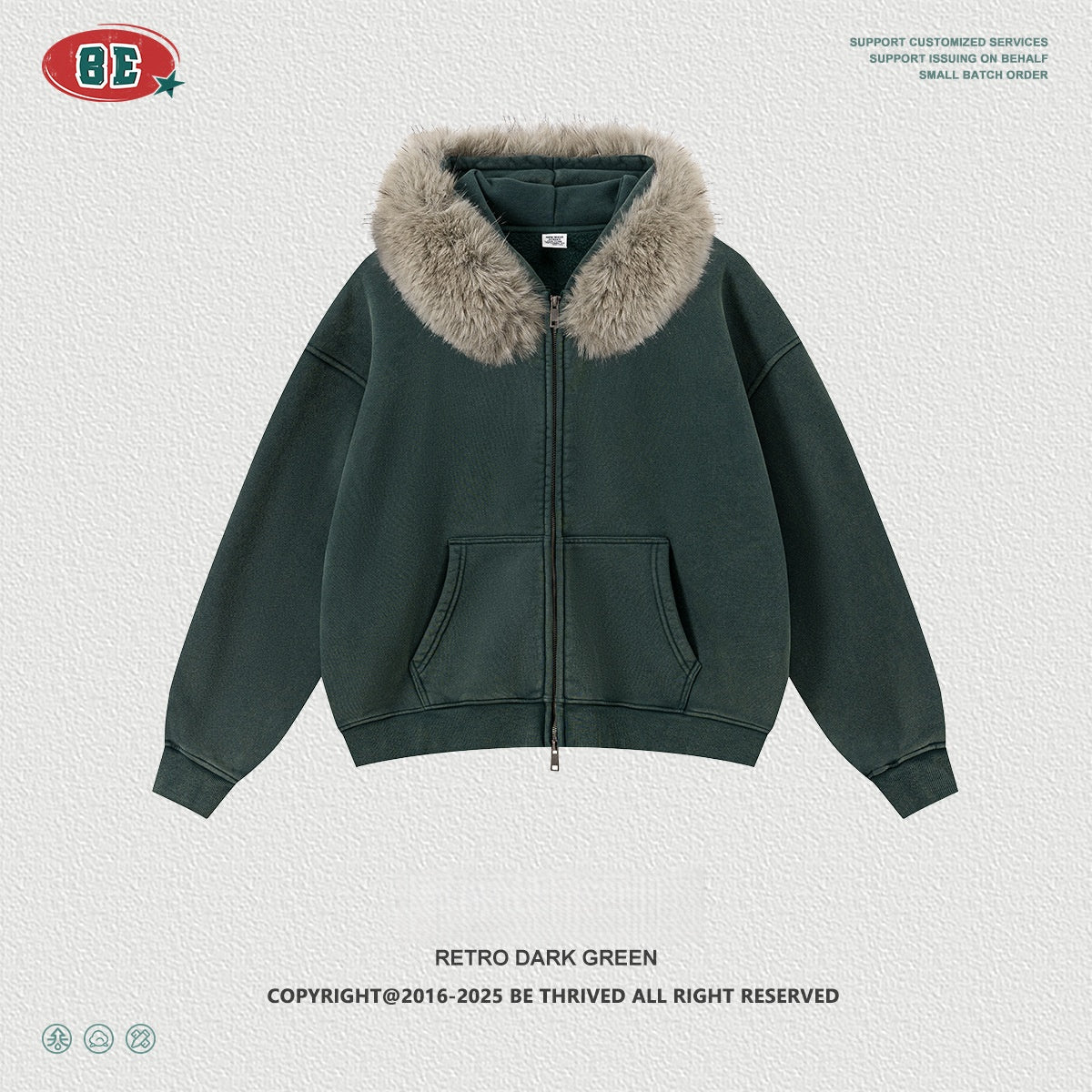 Men's Faux Fur Hoodie - Vintage Washed Zip-Up, Box Fit Jacket