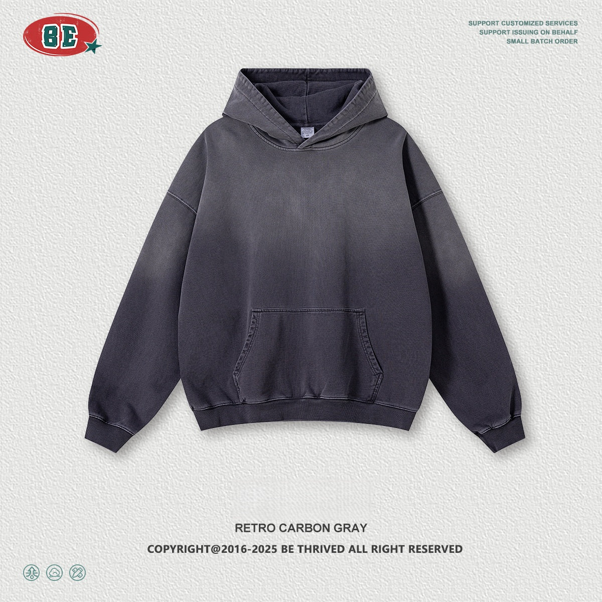 Men's 480gsm Hoodie - Vintage Washed Pullover, Distressed Hem Detail