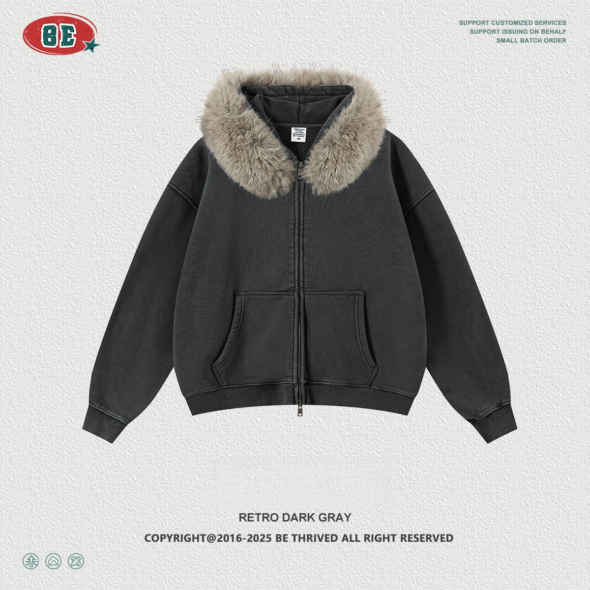 Men's Faux Fur Hoodie - Vintage Washed Zip-Up, Box Fit Jacket