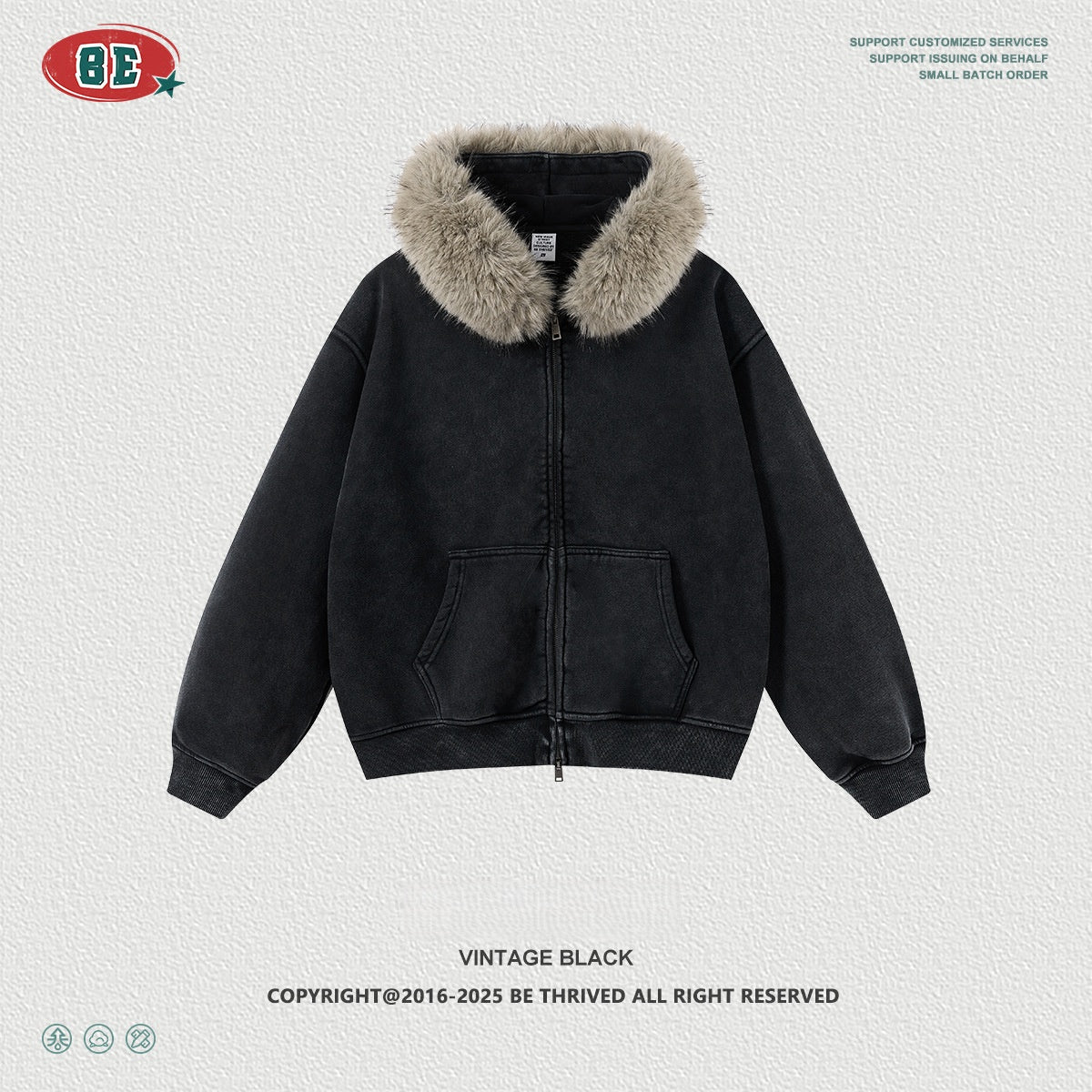 Men's Faux Fur Hoodie - Vintage Washed Zip-Up, Box Fit Jacket